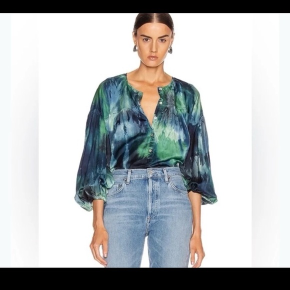 Raquel Allegra Green Moss Tie-Dye Button Collared Blouse Size 1 or Small - Picture 6 of 12